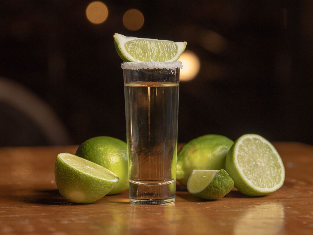 A classic tequila shot with a lime wedge and salt rim on a wooden table.