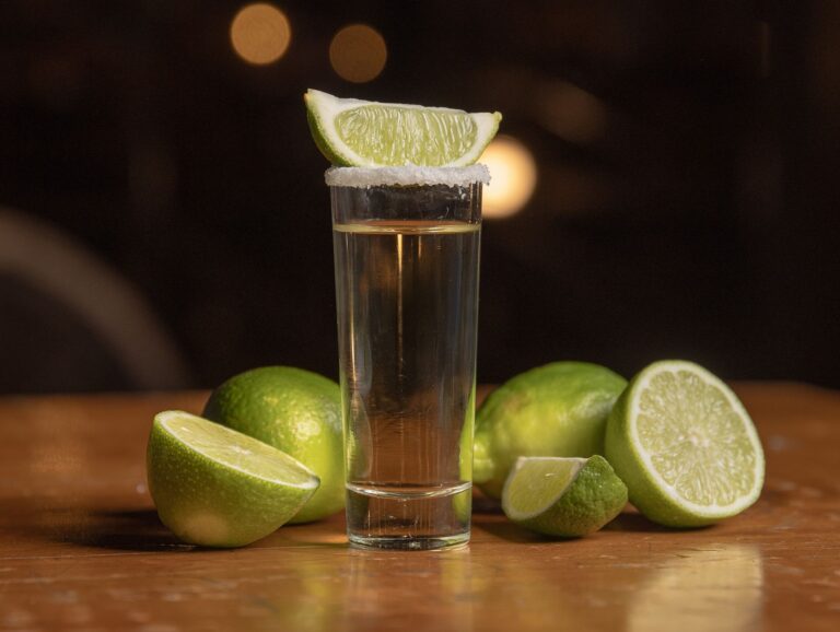 A classic tequila shot with a lime wedge and salt rim on a wooden table.